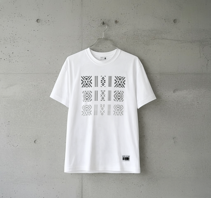White Japanese-made T-shirt with monochrome pattern