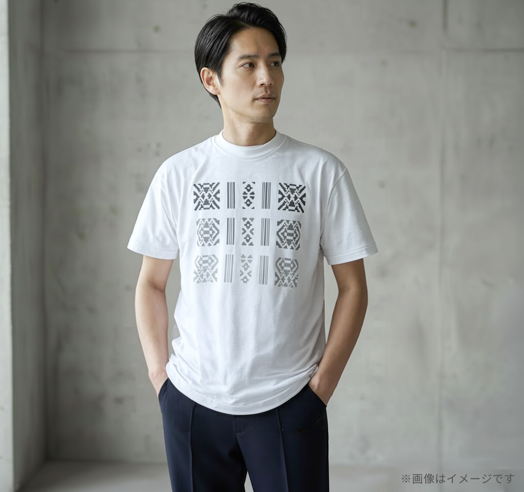 White Japanese-made T-shirt with monochrome pattern
