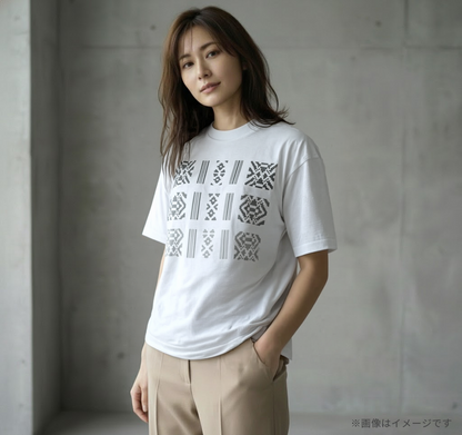 White Japanese-made T-shirt with monochrome pattern